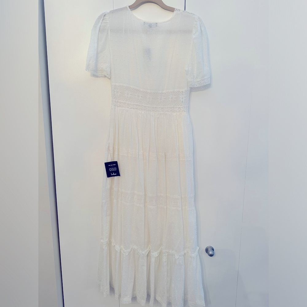 Folklore White Swiss Dot Lace Tiered Midi Dress